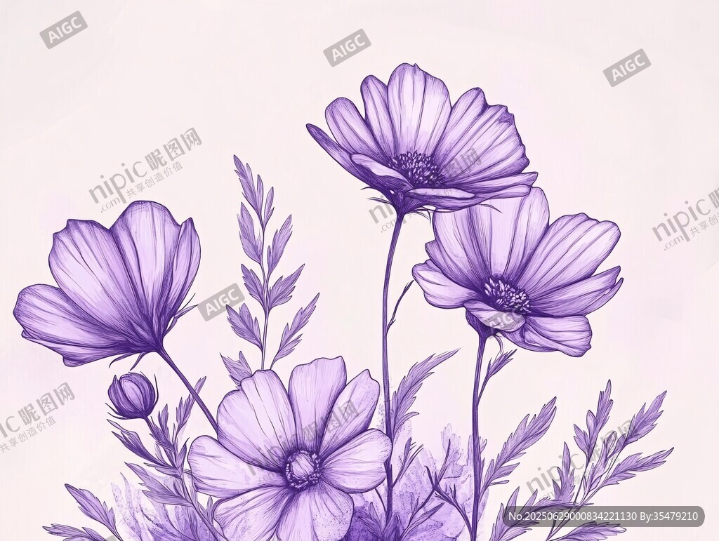 紫色手繪波斯菊花卉插畫