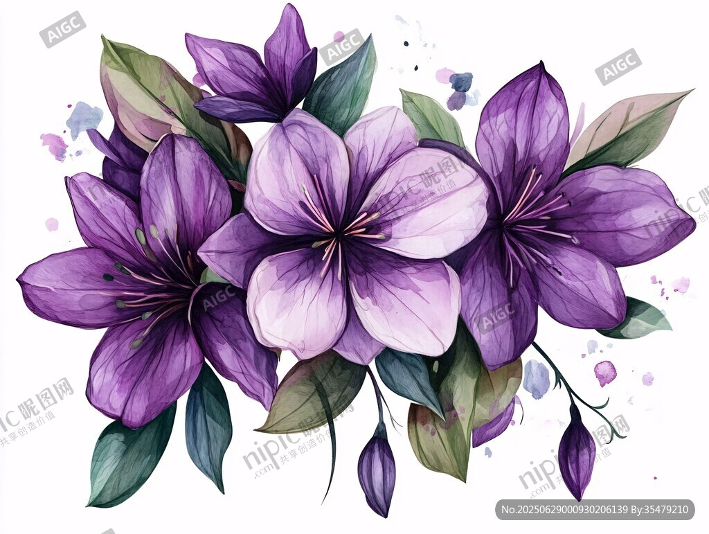 紫色花卉水彩插畫作品