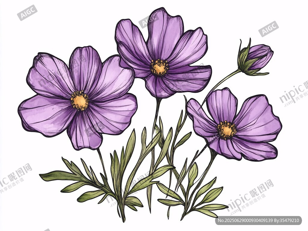 紫色波斯菊花卉插畫