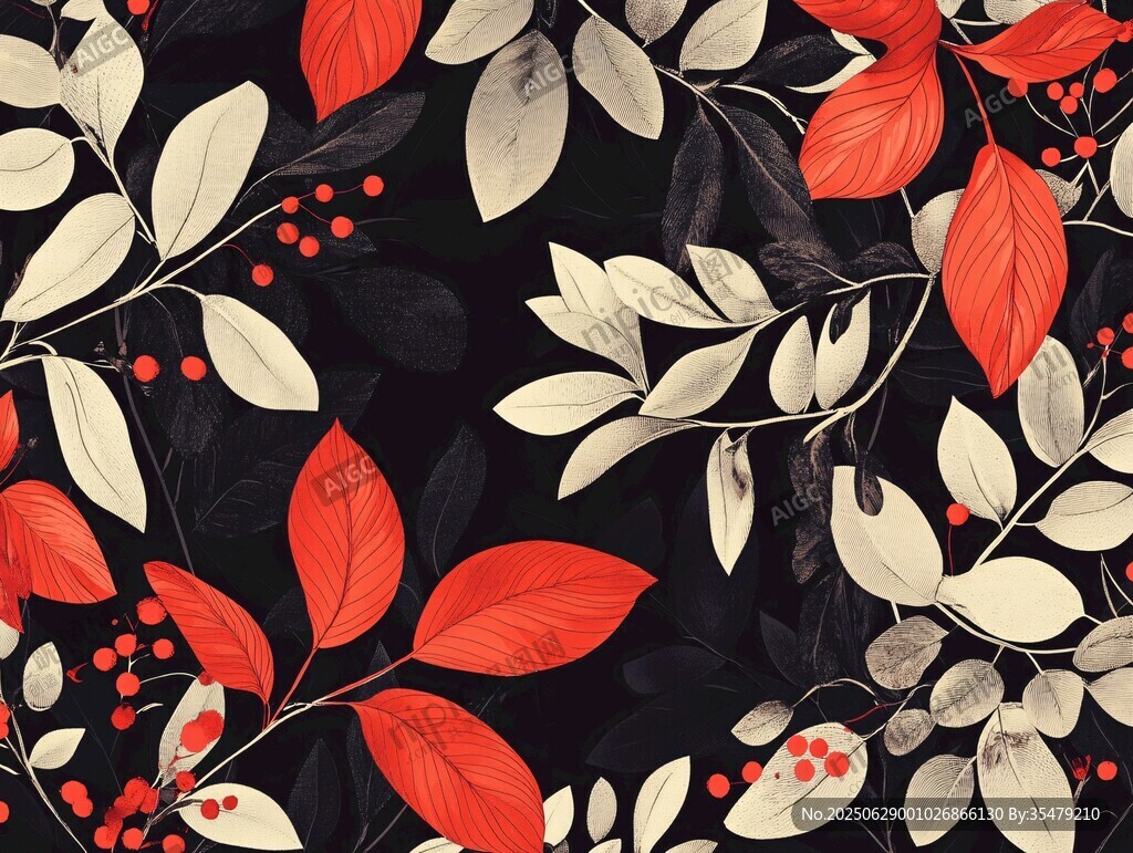 黑底紅白葉片花卉圖案