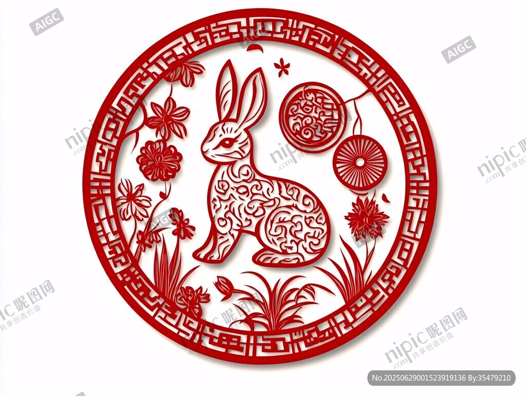圓形兔年剪紙裝飾圖案
