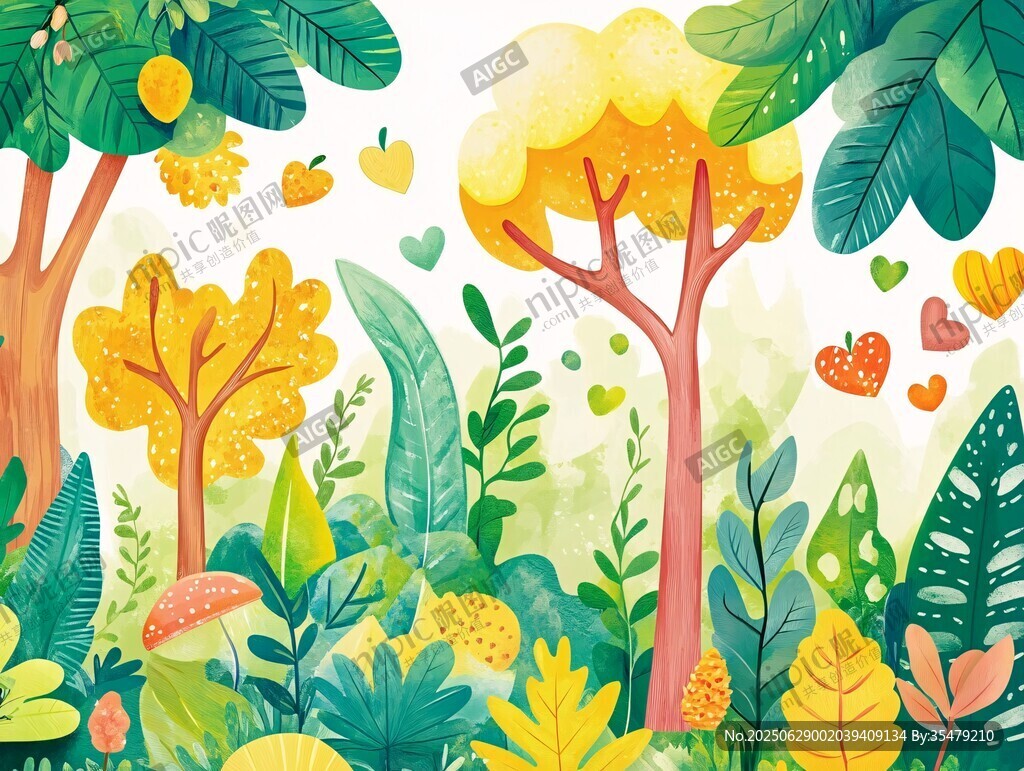 夢幻森林植物插畫風景