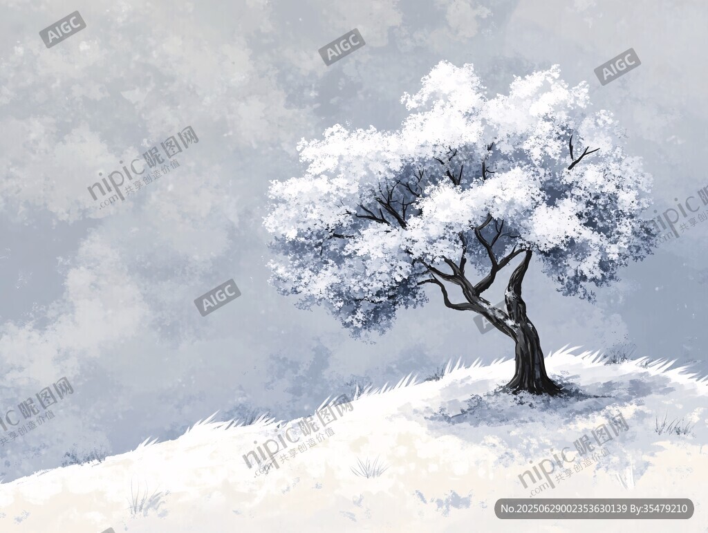 雪覆孤樹的靜謐冬日景象