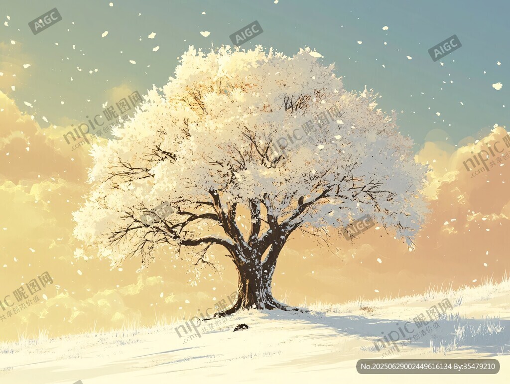 冬日孤樹雪景圖