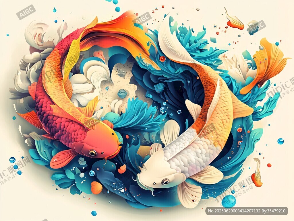 雙錦鯉嬉水奇幻插畫