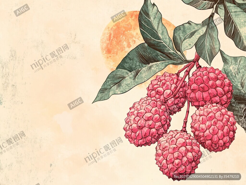 手繪荔枝枝葉插畫圖