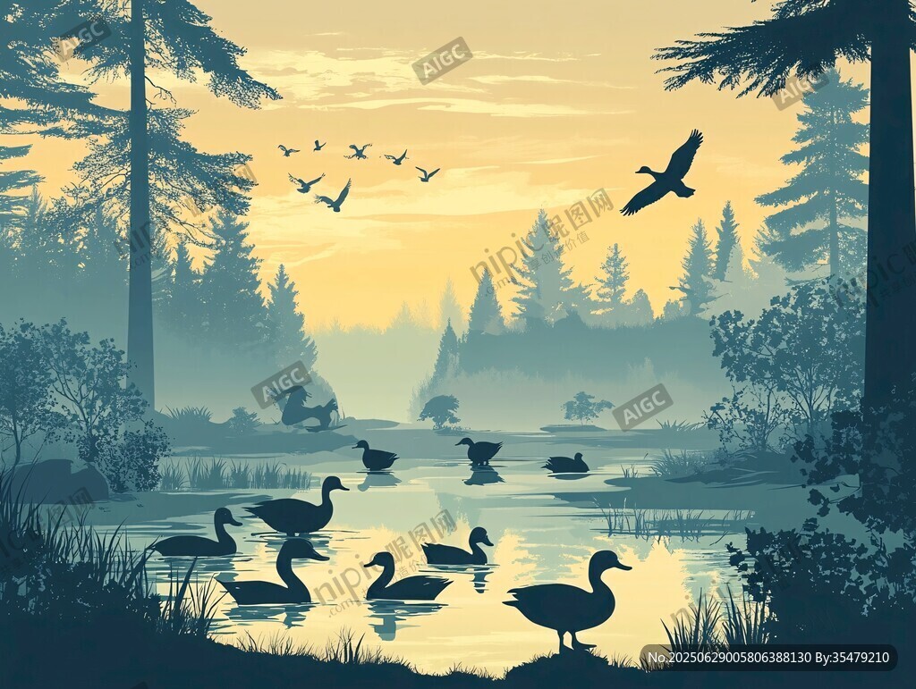 湖畔晨景 飛鳥(niǎo)游禽與森林
