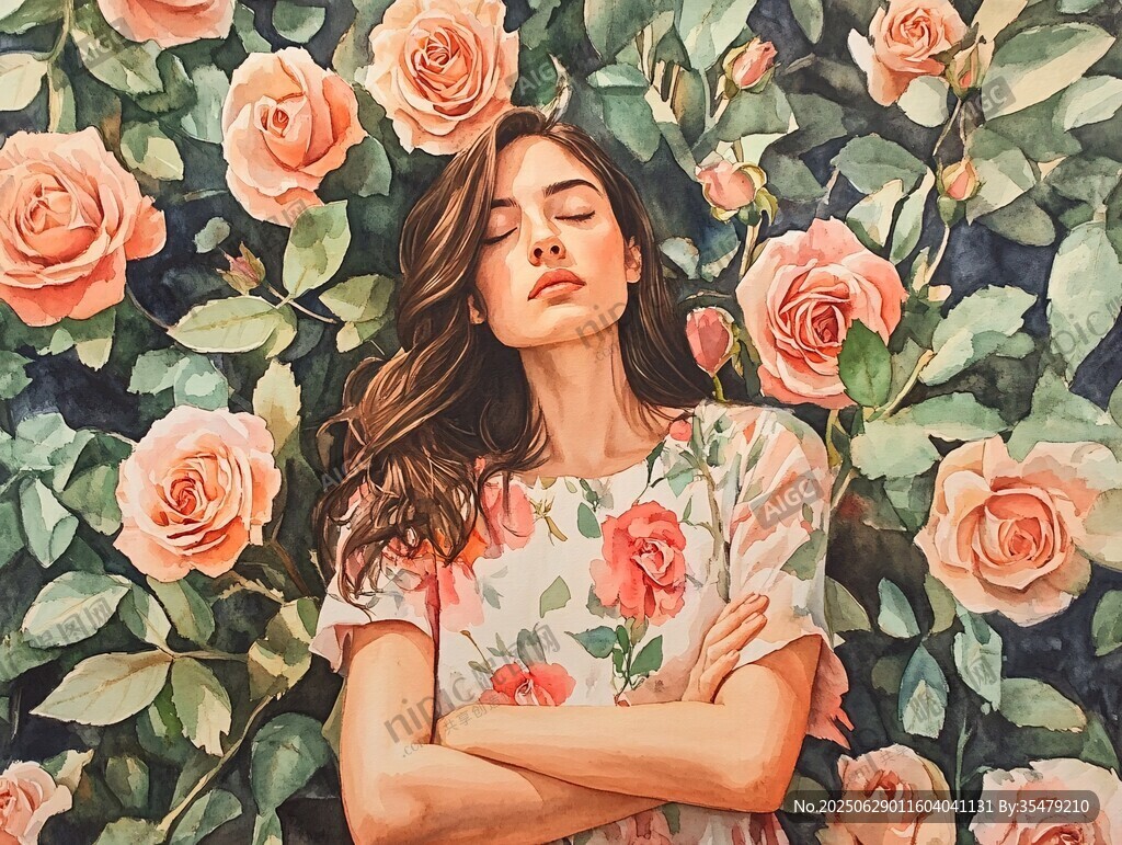玫瑰叢中的沉睡少女
