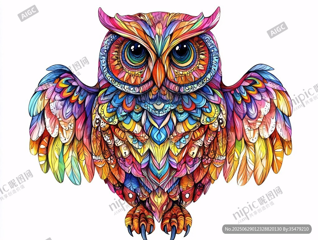 彩色花紋貓頭鷹插畫圖案