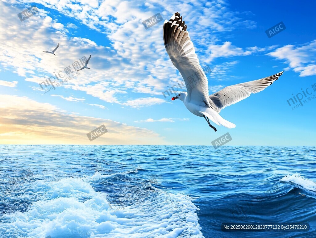 海鷗翱翔于碧海藍天間