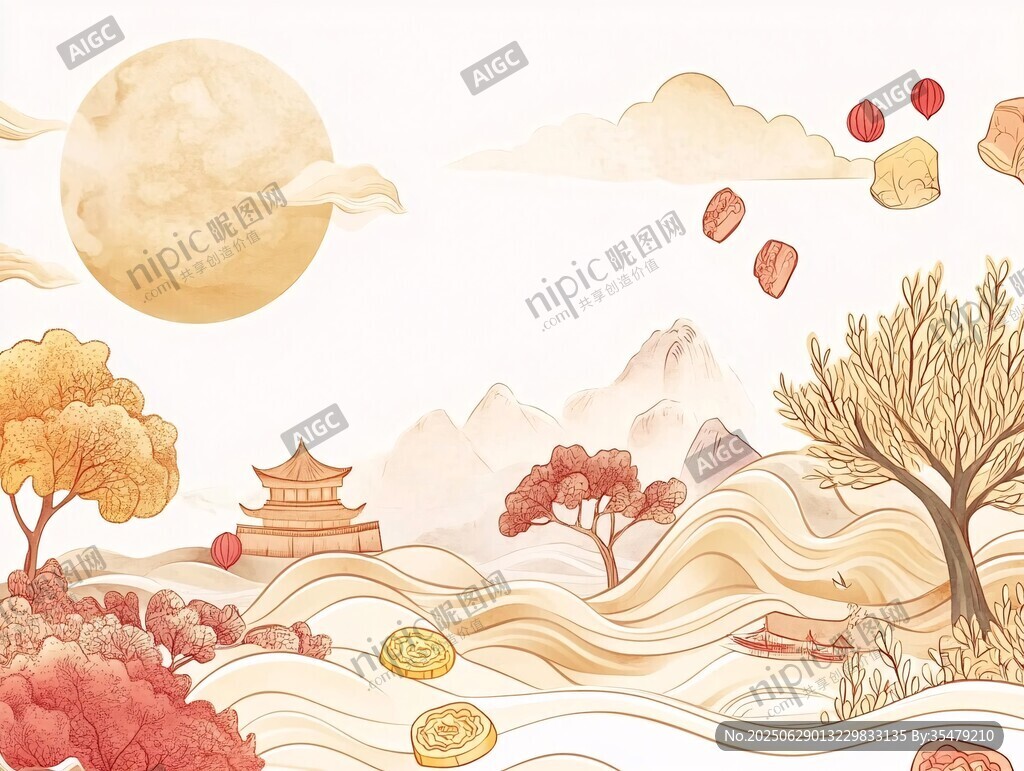 秋日山水古風美景插畫