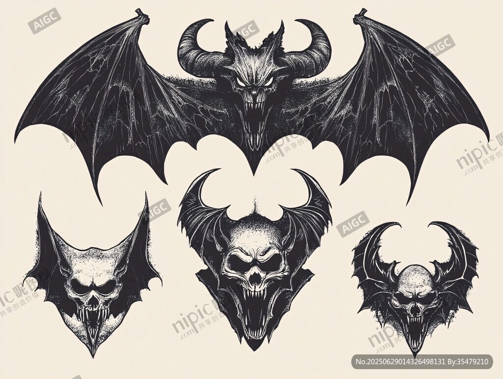 惡魔蝙蝠與骷髏紋身圖案