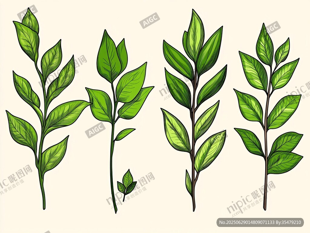 手繪清新綠色植物枝葉圖