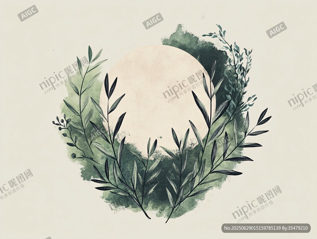 綠葉環(huán)繞的圓形水彩畫