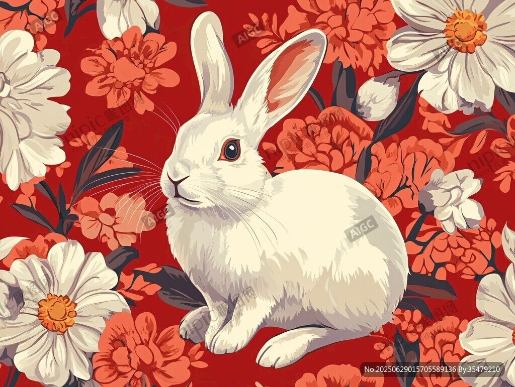 白兔棲于繁花中