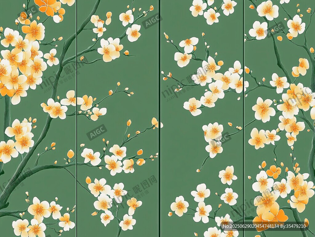 綠底繁花清新插畫圖案
