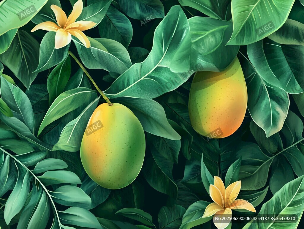 綠葉間的鮮芒果與小花