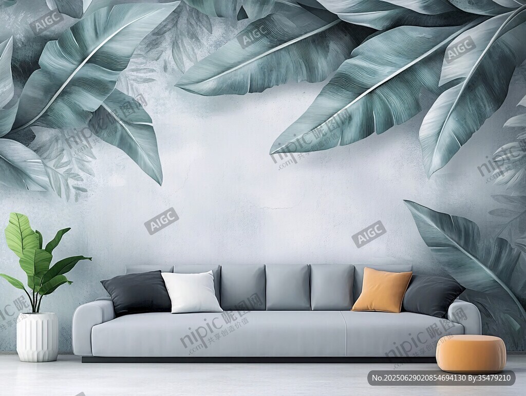 綠植墻面下的簡約沙發場景