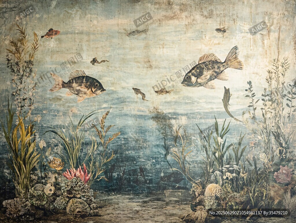 復古風海底魚群壁畫景觀