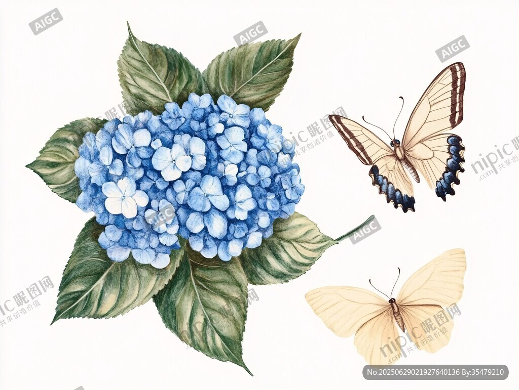 藍(lán)色繡球花與雙蝶插畫