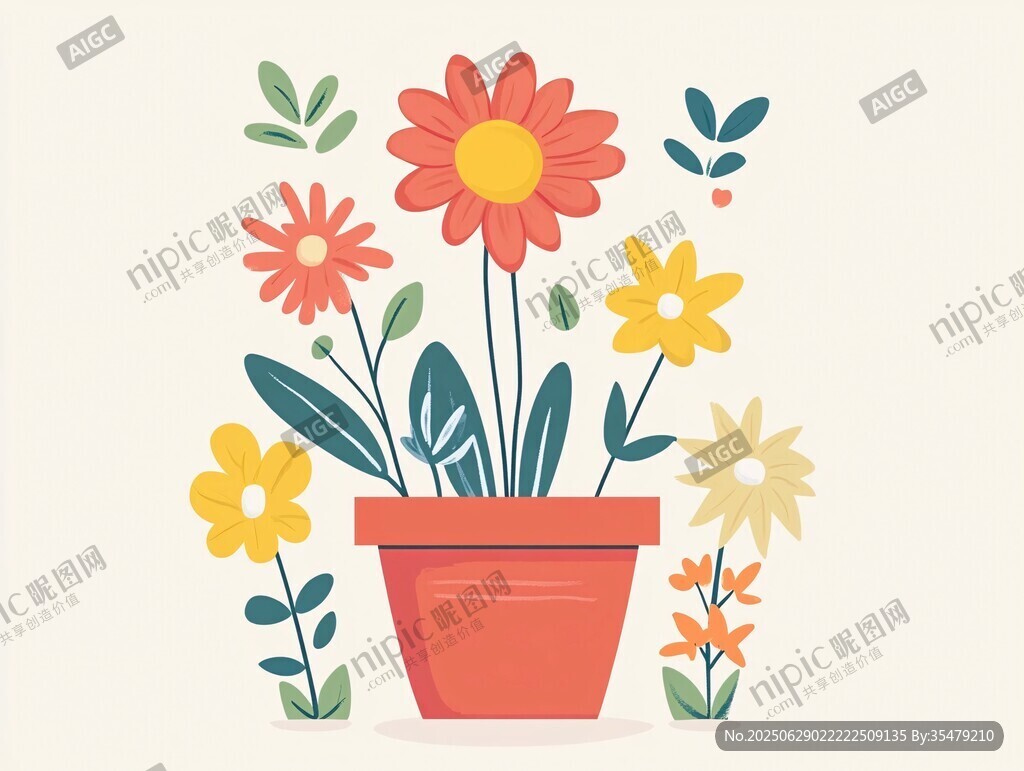 花盆中的多彩花卉插畫