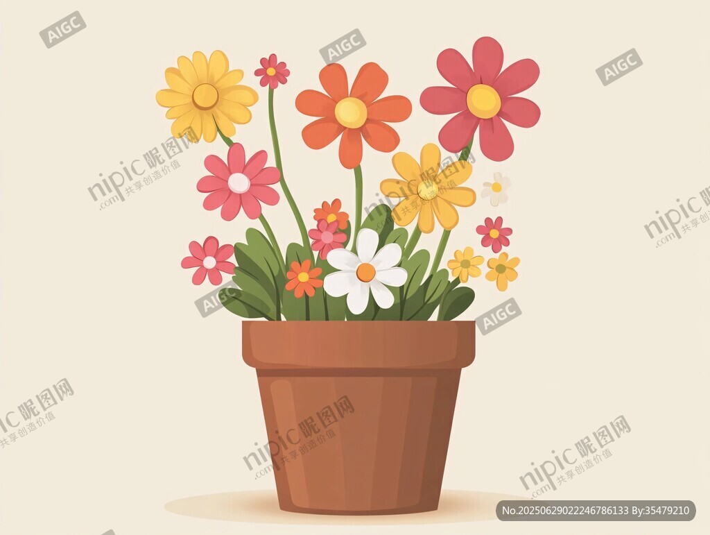 插畫風(fēng)花盆中的多彩花卉