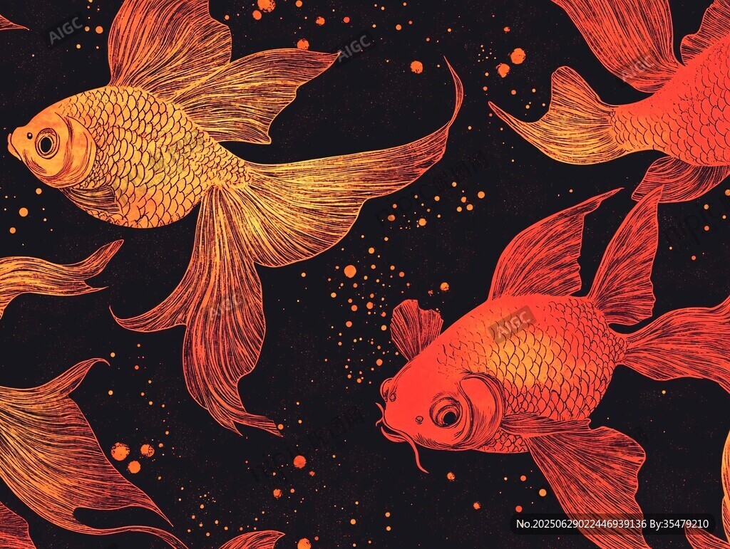 金紅色金魚在黑背景中游動