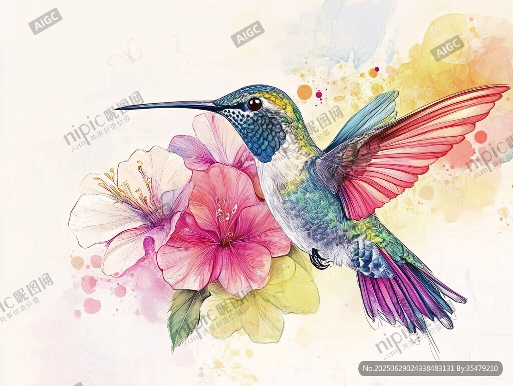 蜂鳥伴花水彩藝術插畫