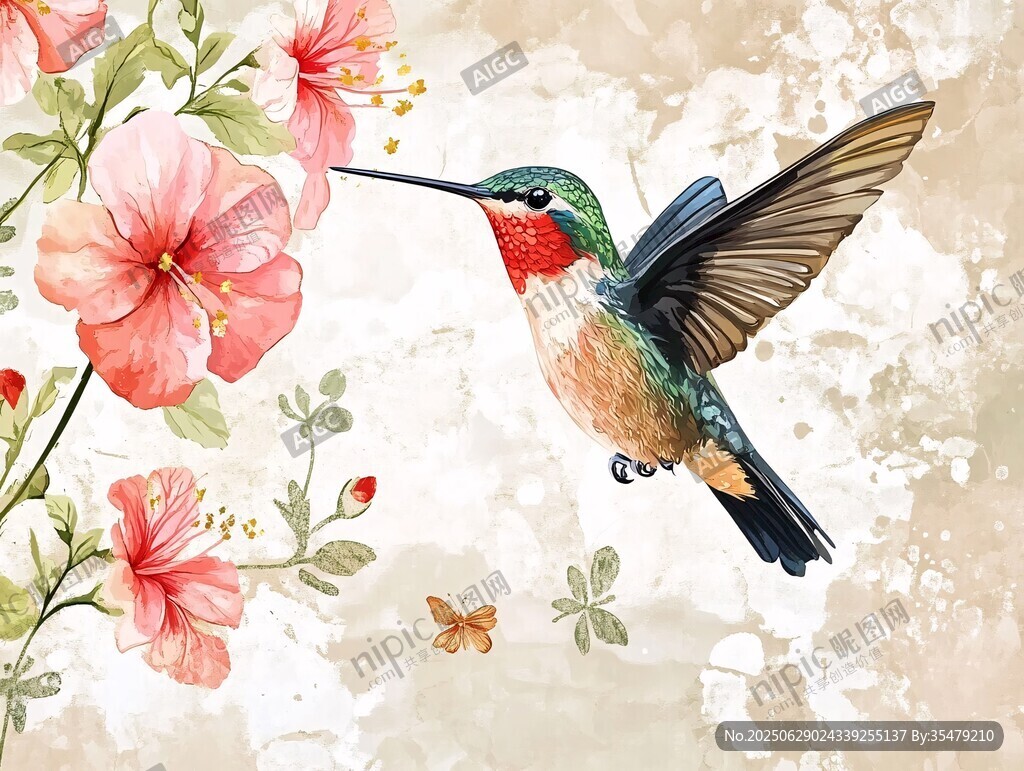 蜂鳥戲花圖