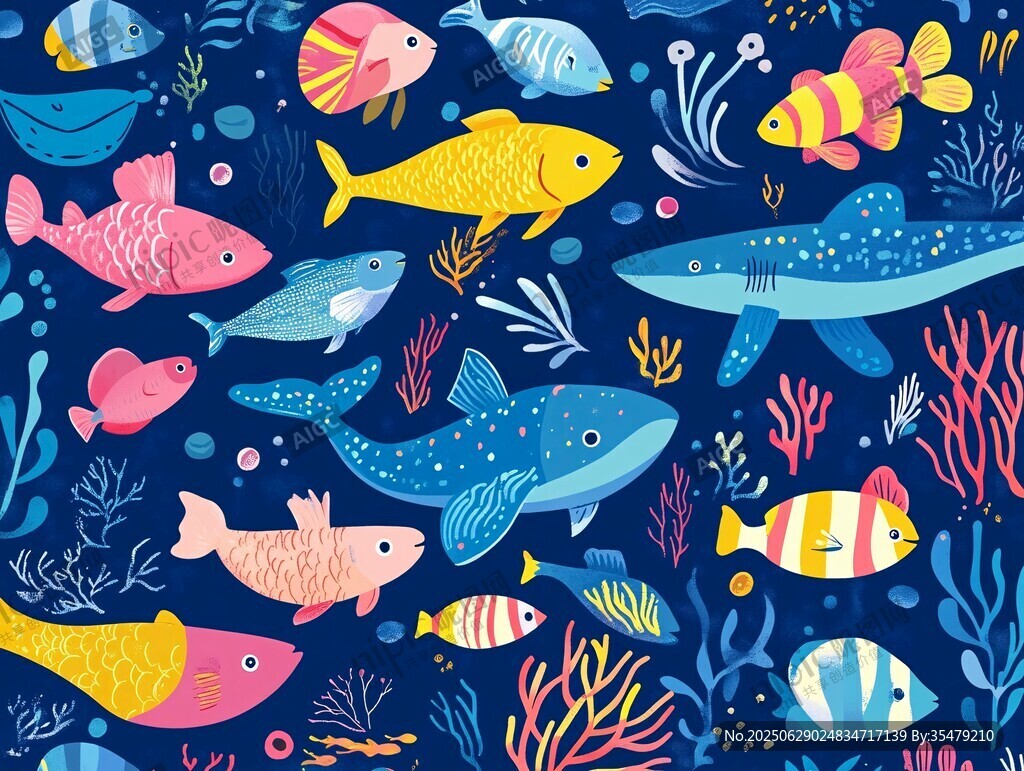 海洋繽紛魚類插畫圖案