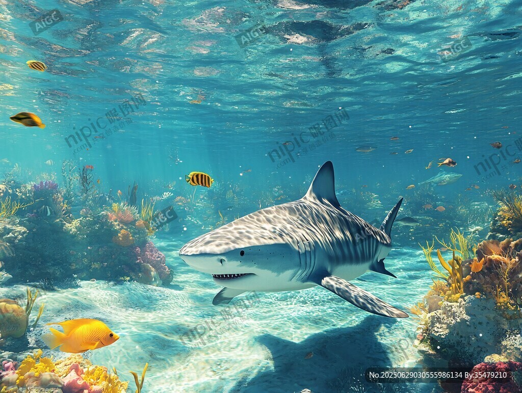 深海鯊魚暢游多彩珊瑚礁