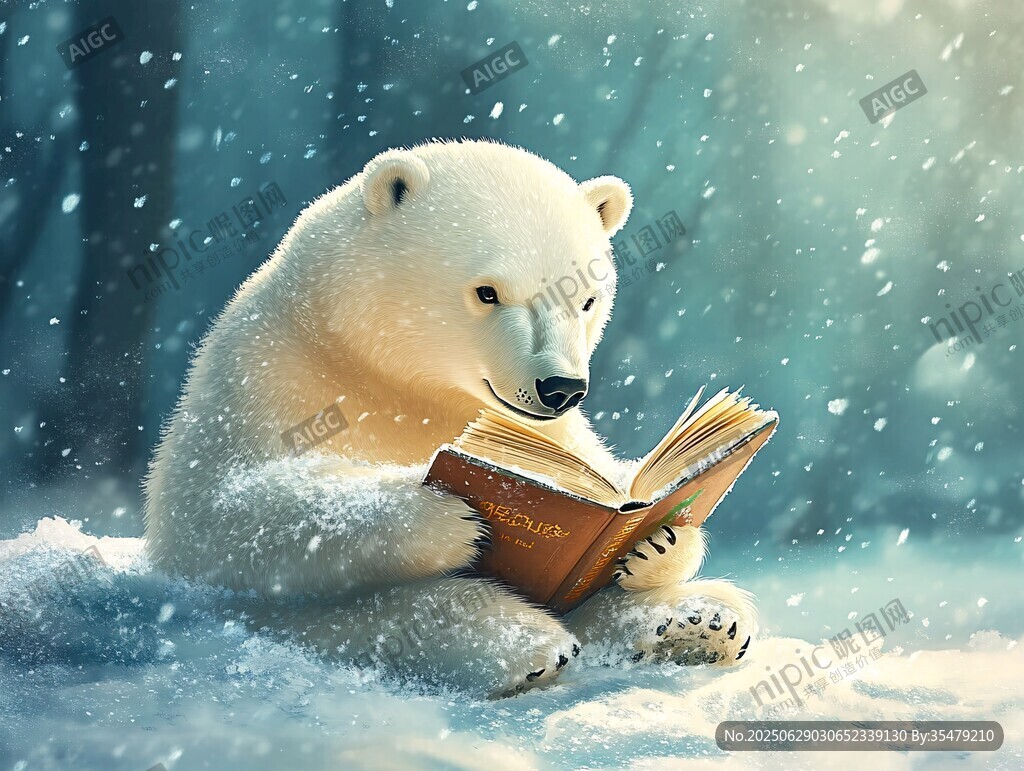 雪地中讀書的可愛北極熊