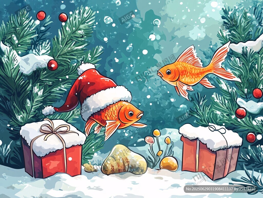 圣誕金魚雪景歡樂畫面