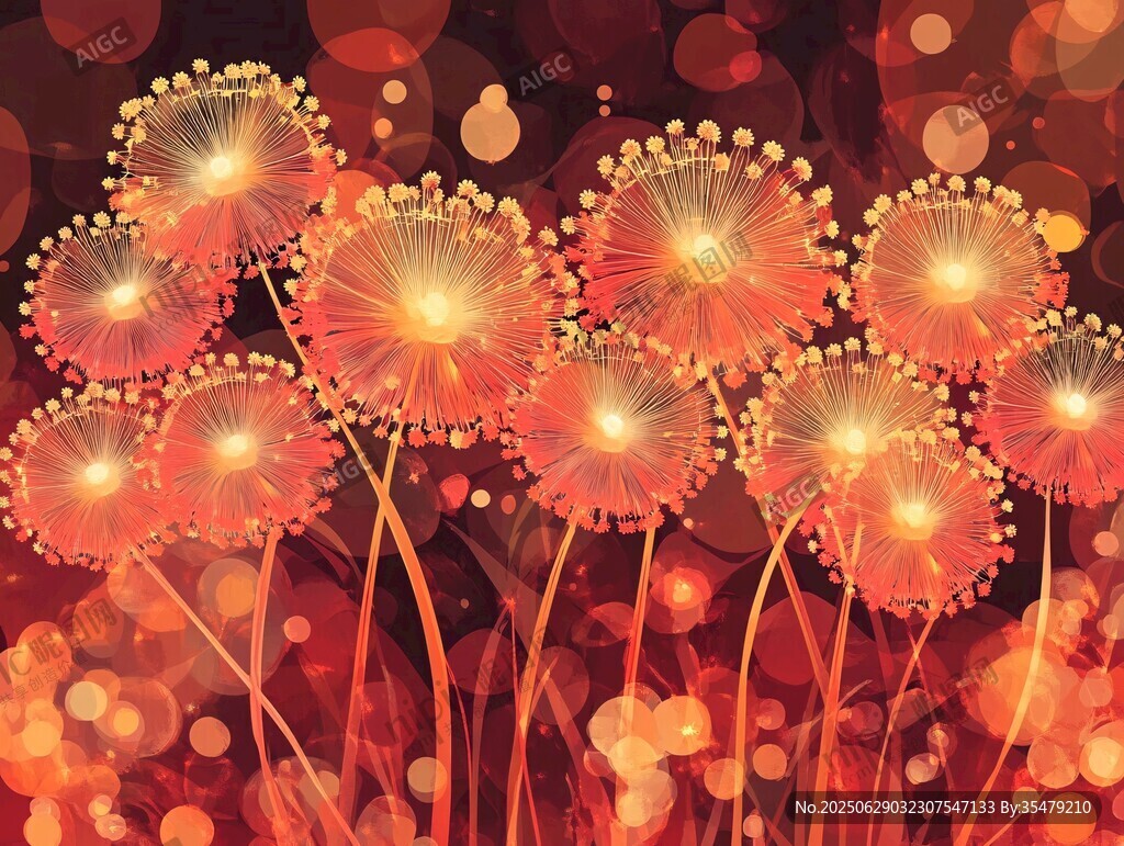 夢(mèng)幻橙紅蒲公英花卉圖景