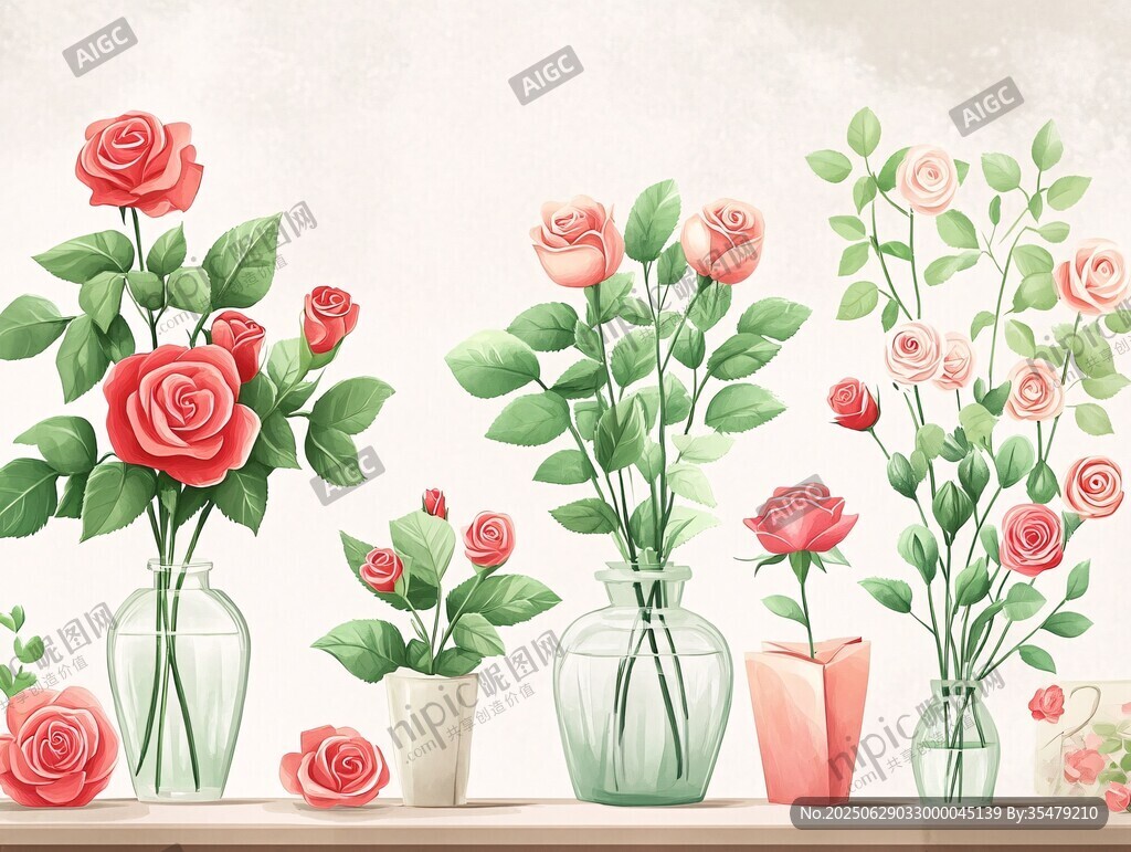 花瓶中的多彩玫瑰插畫