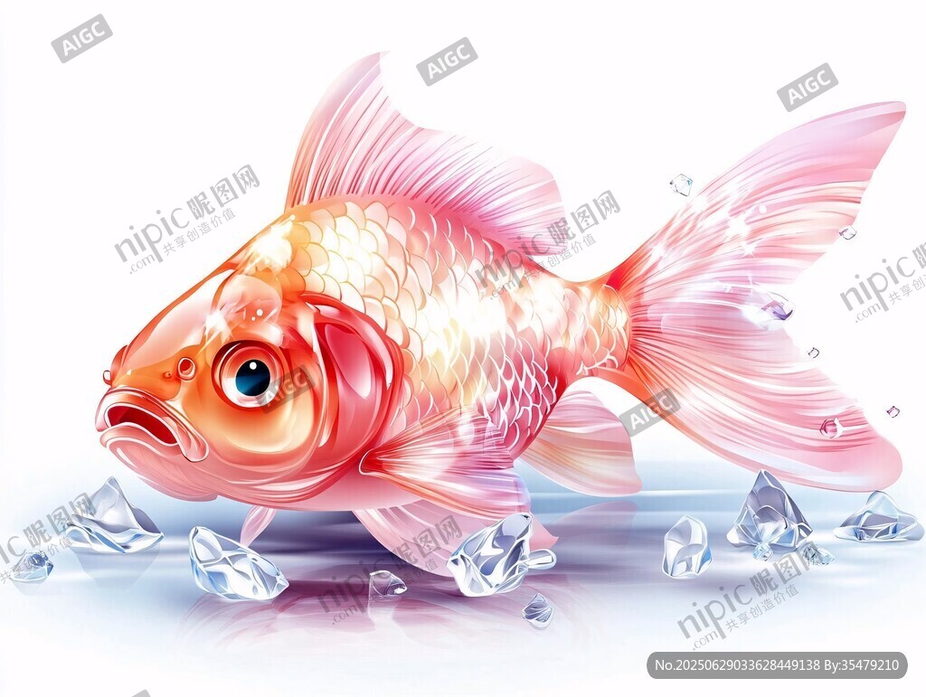 靈動(dòng)金魚游弋于晶瑩冰塊間