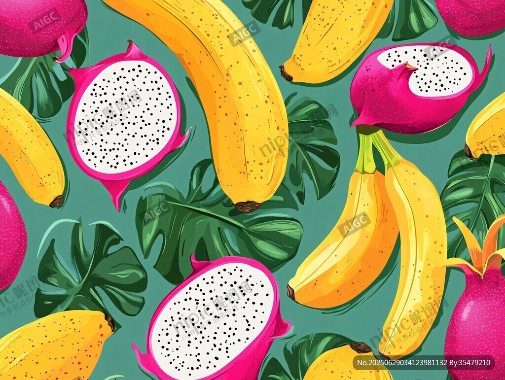火龍果與香蕉的清新插畫