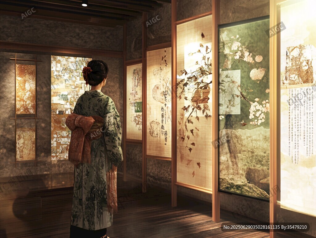 和服女子賞中式花鳥畫展