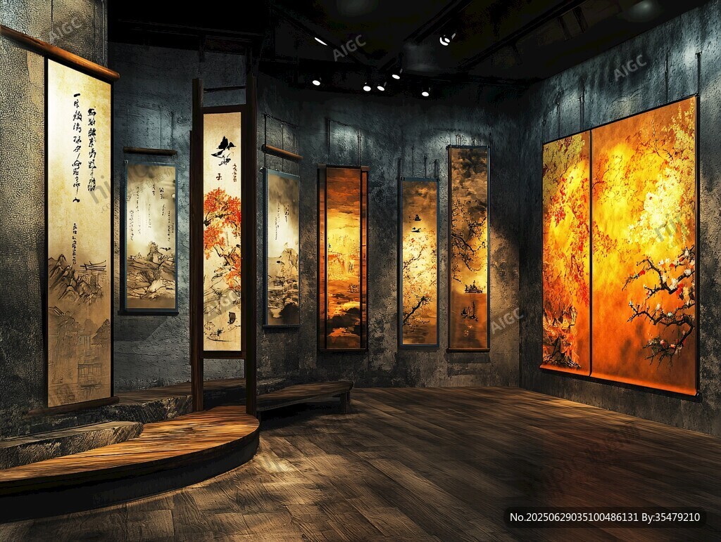 中式藝術畫作展廳展示