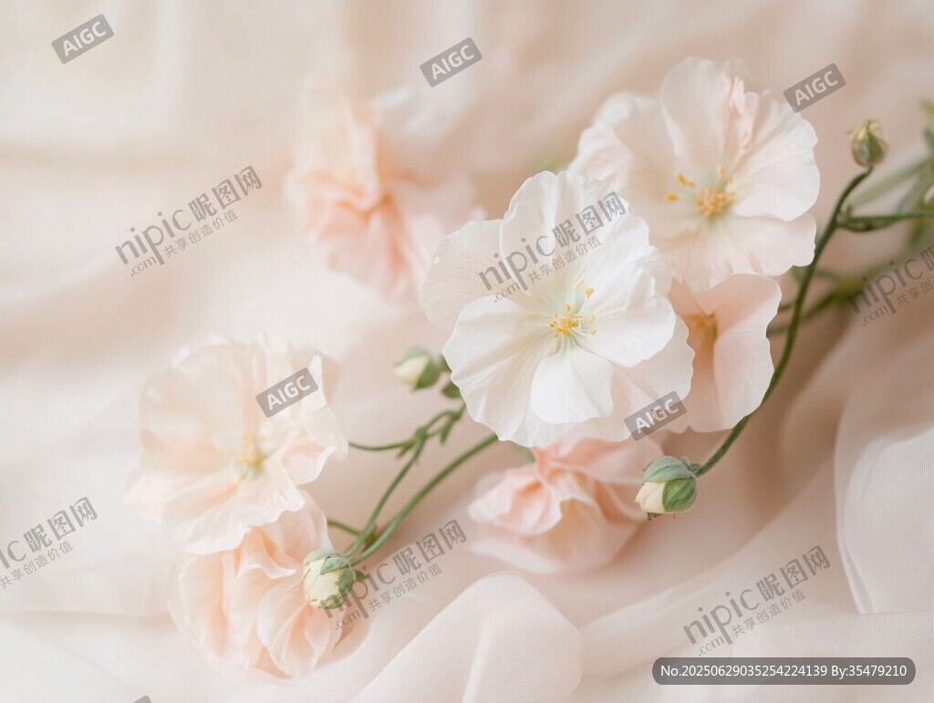 柔美淡粉花朵靜躺布面