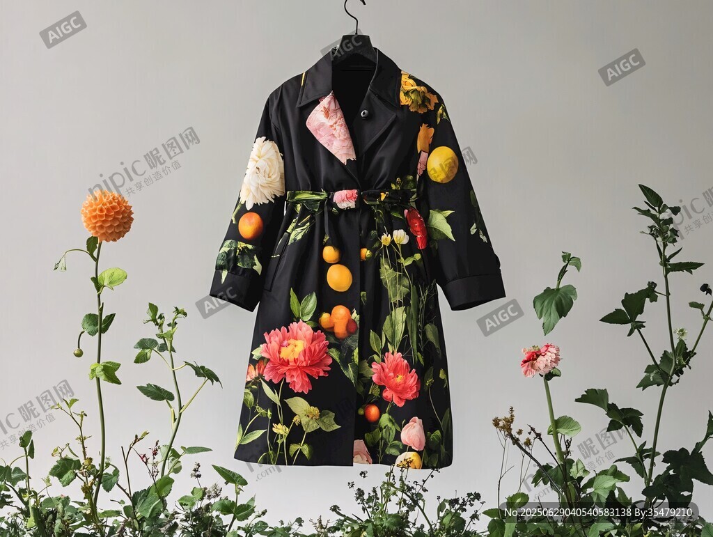 花卉印花黑色風衣掛于花叢間