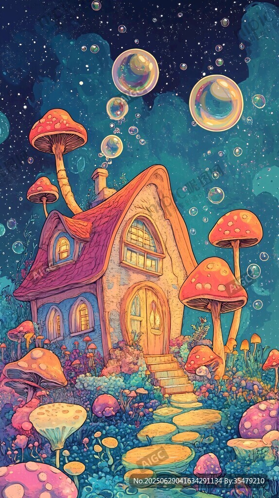 夢(mèng)幻蘑菇小屋的奇幻夜景