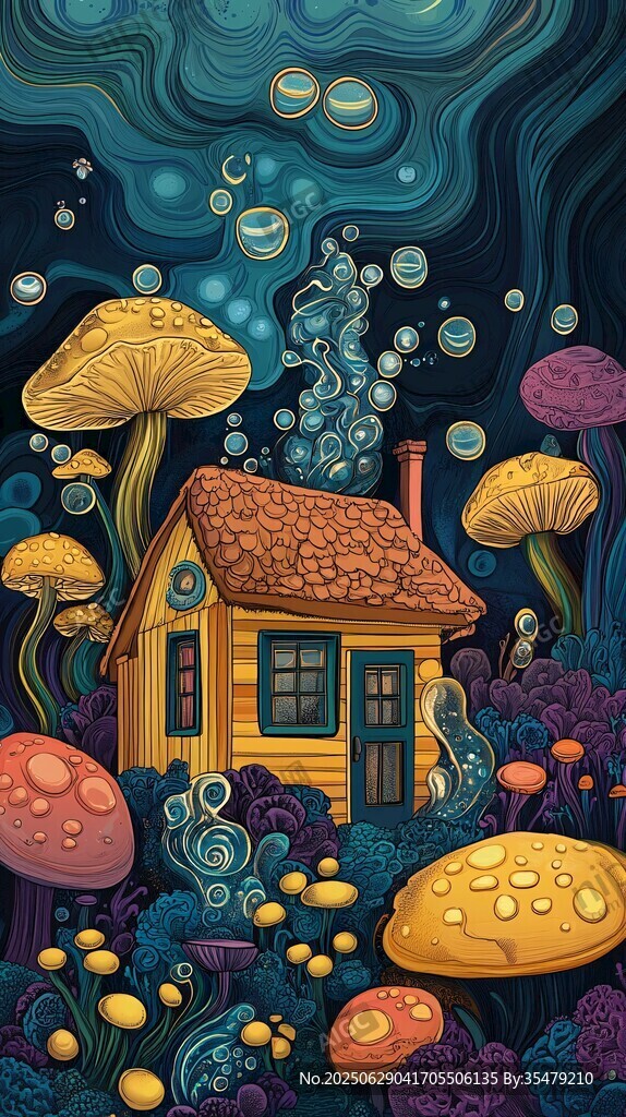 夢(mèng)幻海底蘑菇小屋插畫