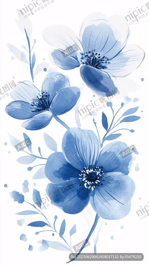 藍調水彩花卉插畫