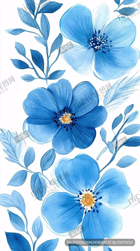藍色花卉水彩圖案設計