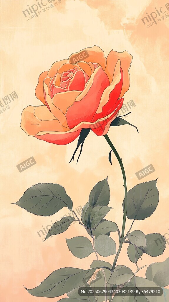 橙色玫瑰插畫 清新唯美