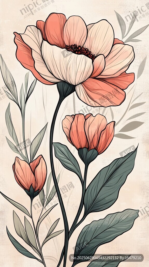 手繪粉色花卉清新插畫(huà)