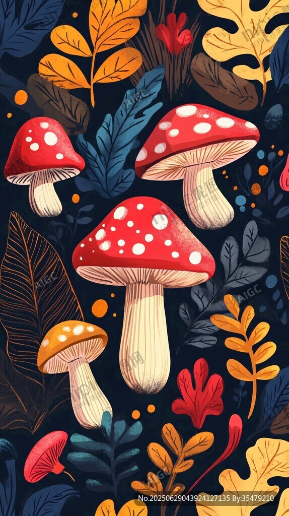 森林中的夢幻蘑菇與秋葉