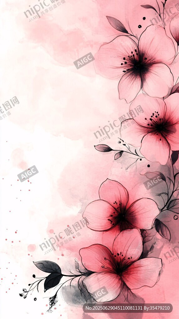 粉色花卉水彩背景插畫