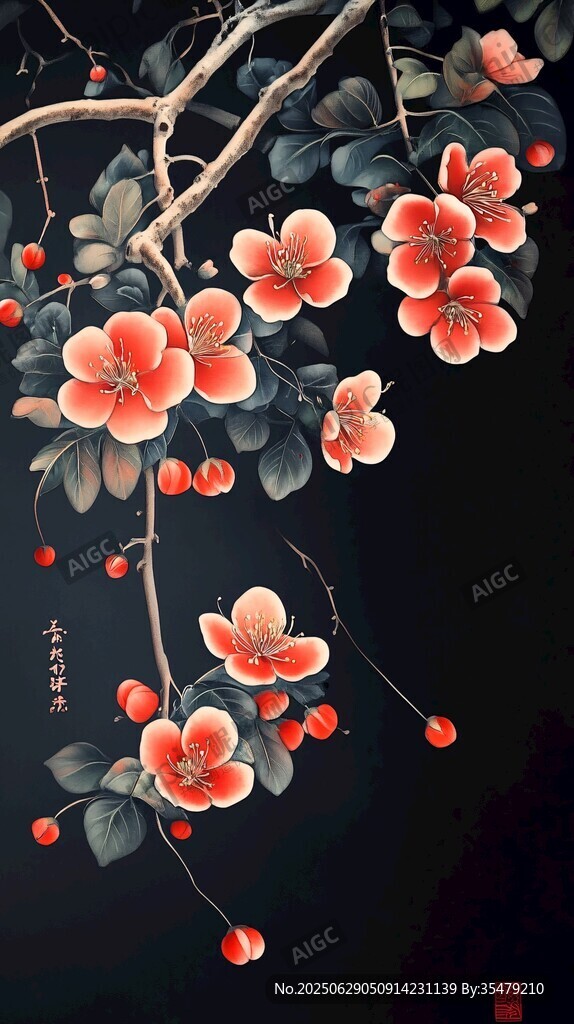 水墨海棠花枝圖